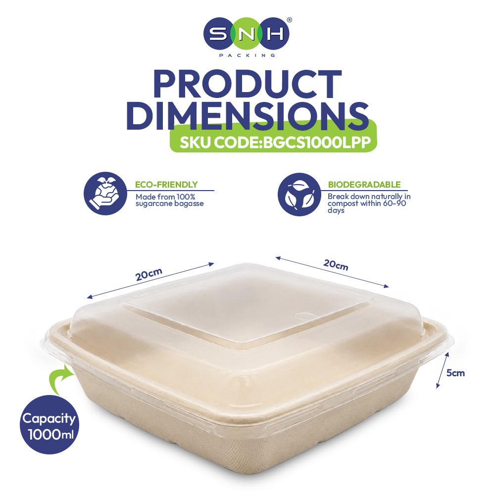 Bagasse Square Food Containers with Lids 1000ml to 1400ml - SNH Packing
