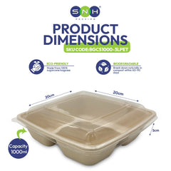 Bagasse Square Food Containers with Lids 1000ml to 1400ml - SNH Packing