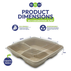 Bagasse Square Food Containers with Lids 1000ml to 1400ml - SNH Packing
