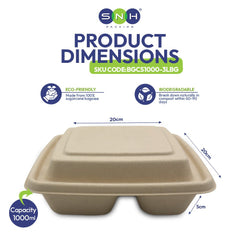 Bagasse Square Food Containers with Lids 1000ml to 1400ml - SNH Packing