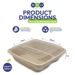 Bagasse Square Food Containers with Lids 1000ml to 1400ml - SNH Packing
