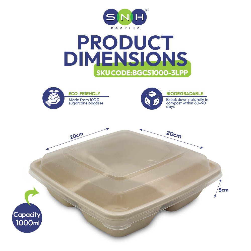 Bagasse Square Food Containers with Lids 1000ml to 1400ml - SNH Packing