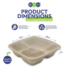 Bagasse Square Food Containers with Lids 1000ml to 1400ml - SNH Packing