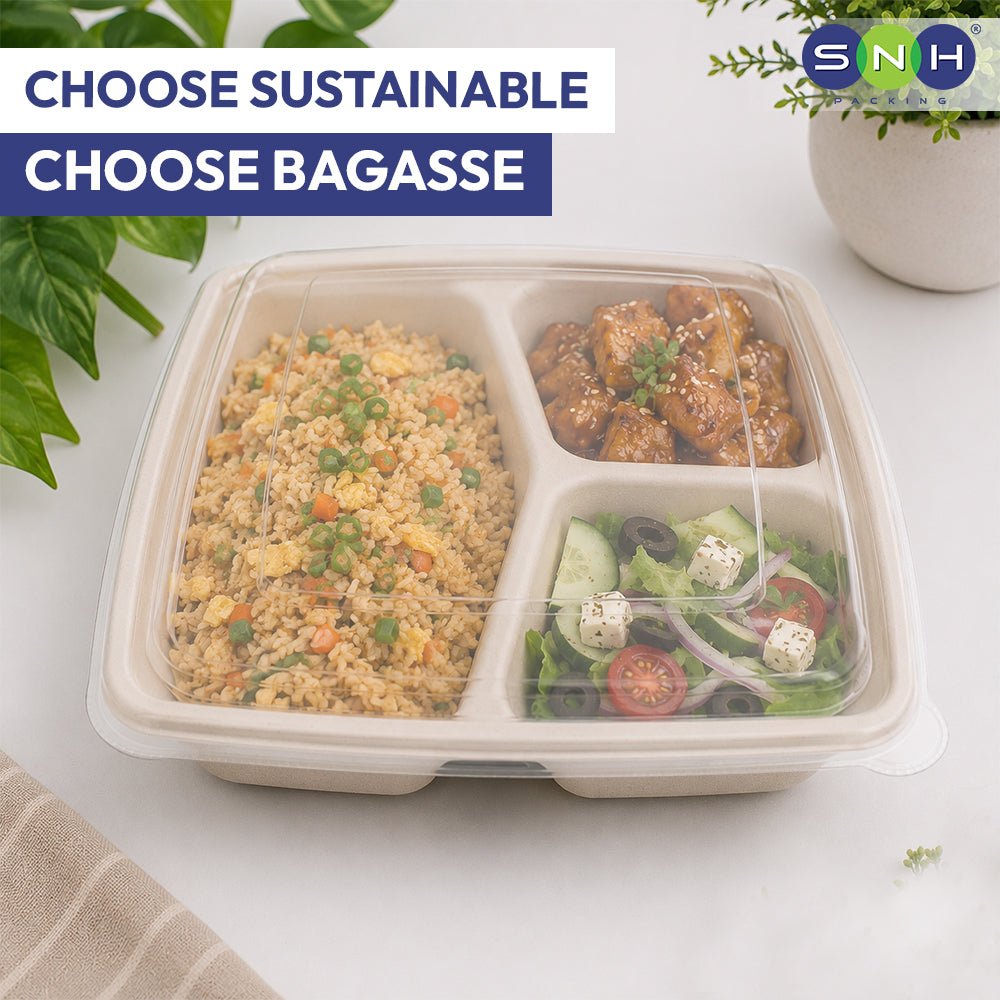Bagasse Square Food Containers with Lids 1000ml to 1400ml - SNH Packing