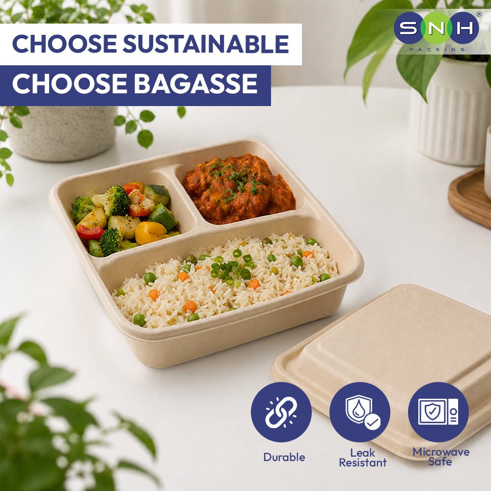 Bagasse Square Food Containers with Lids 1000ml to 1400ml - SNH Packing