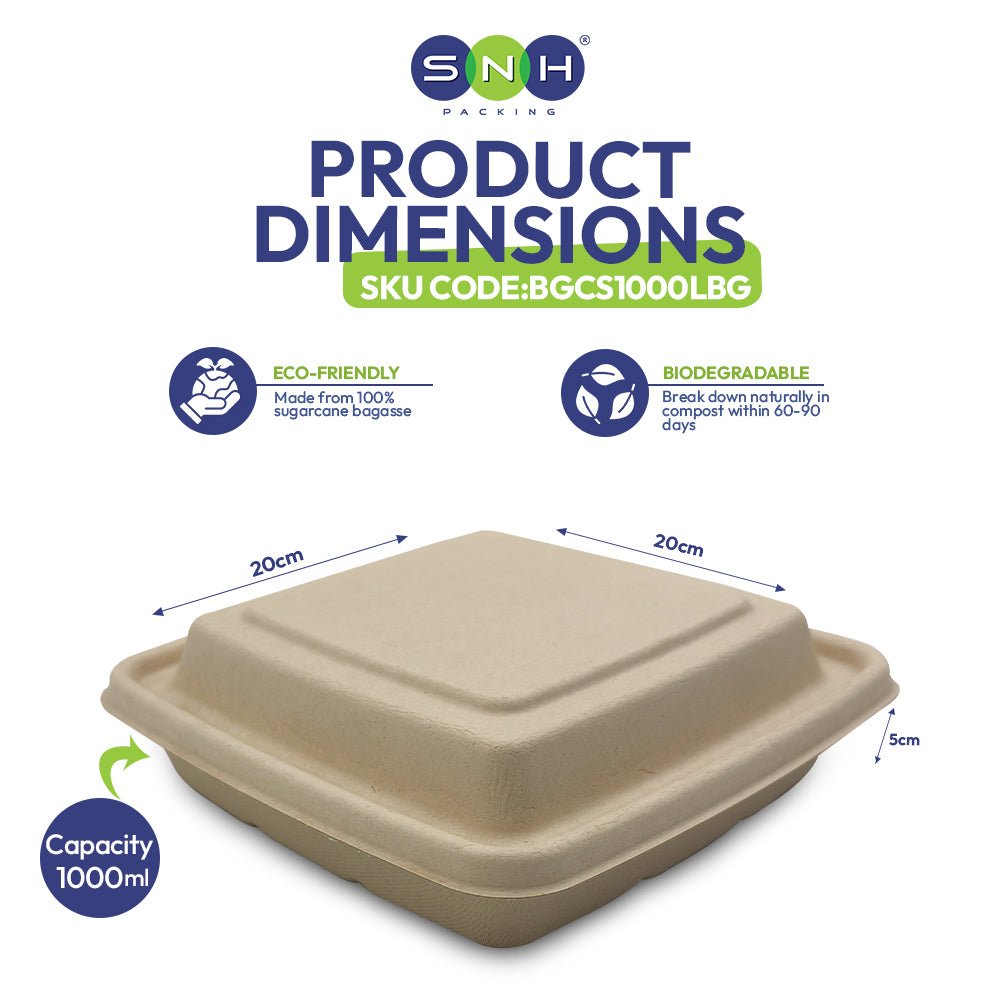 Bagasse Square Food Containers with Lids 1000ml to 1400ml - SNH Packing