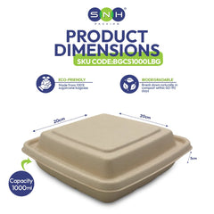 Bagasse Square Food Containers with Lids 1000ml to 1400ml - SNH Packing