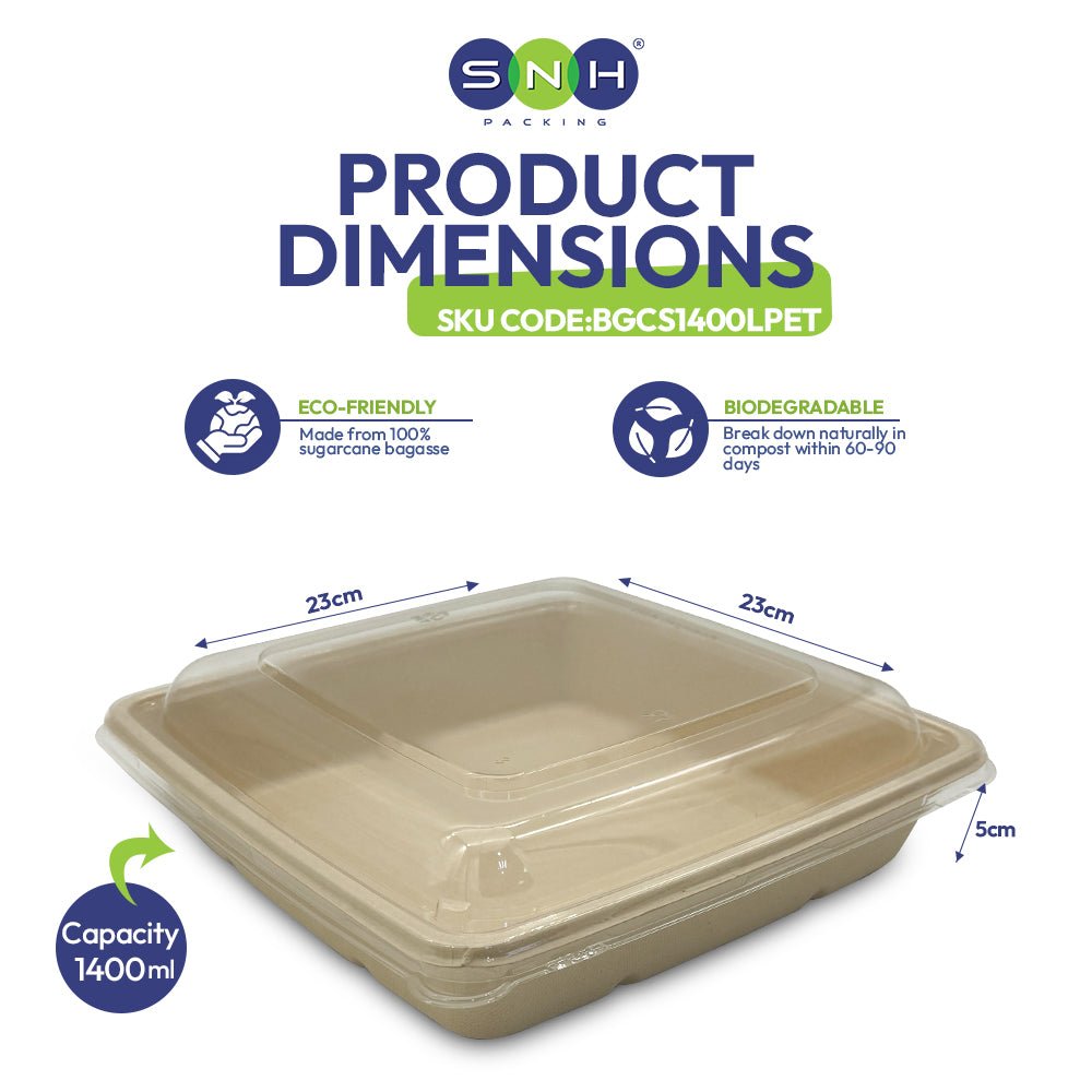 Bagasse Square Food Containers with Lids 1000ml to 1400ml - SNH Packing