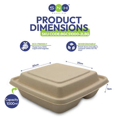 Bagasse Square Food Containers with Lids 1000ml to 1400ml - SNH Packing