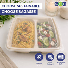 Bagasse Square Food Containers with Lids 1000ml to 1400ml - SNH Packing