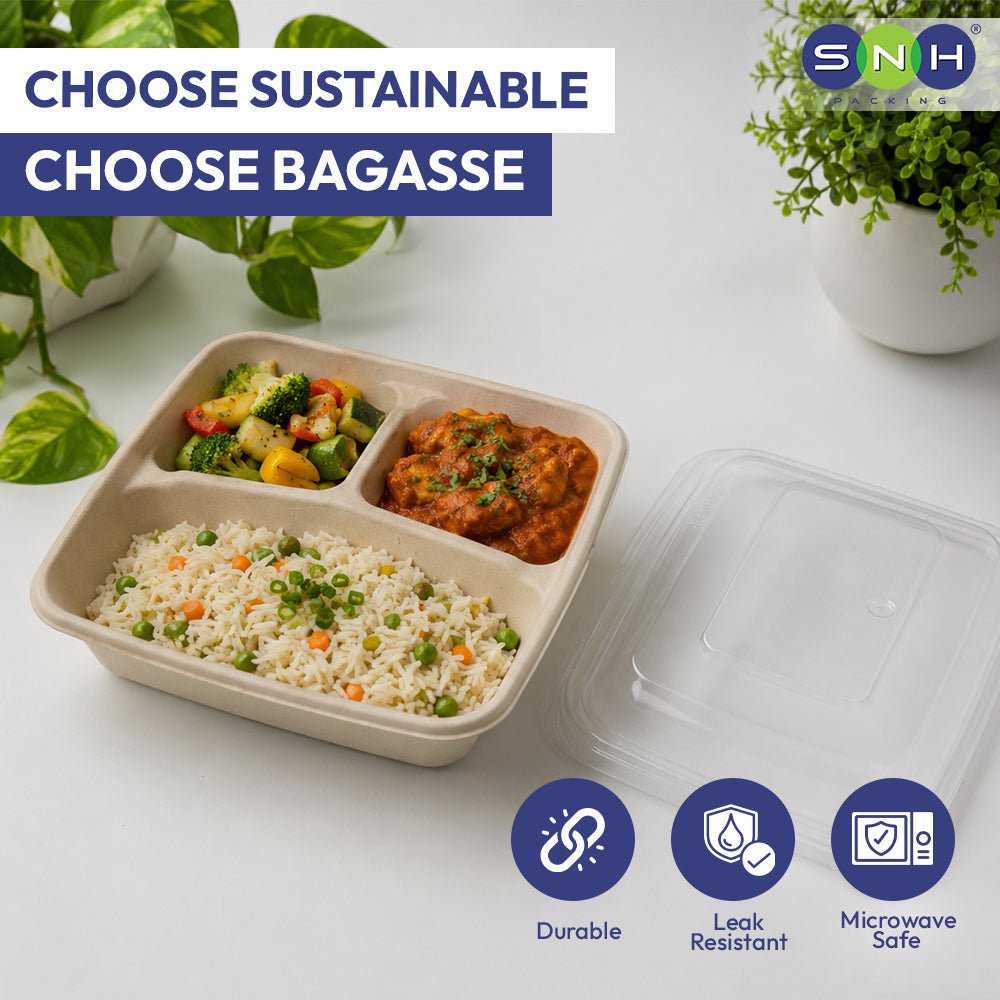 Bagasse Square Food Containers with Lids 1000ml to 1400ml - SNH Packing