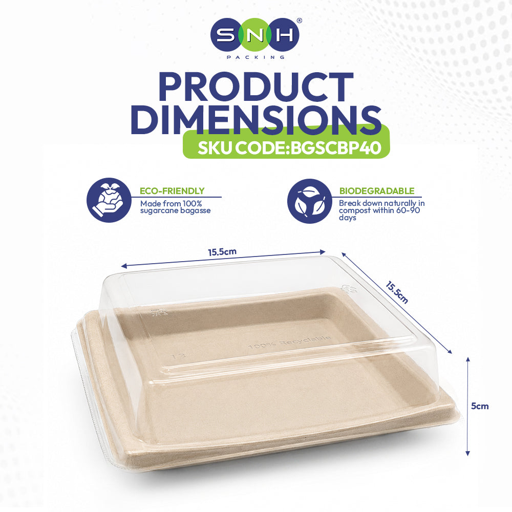 Product dimensions diagram for a SNH Packaging biodegradable plastic tray. The image shows a beige tray with a clear lid, annotated with dimensions of 15.