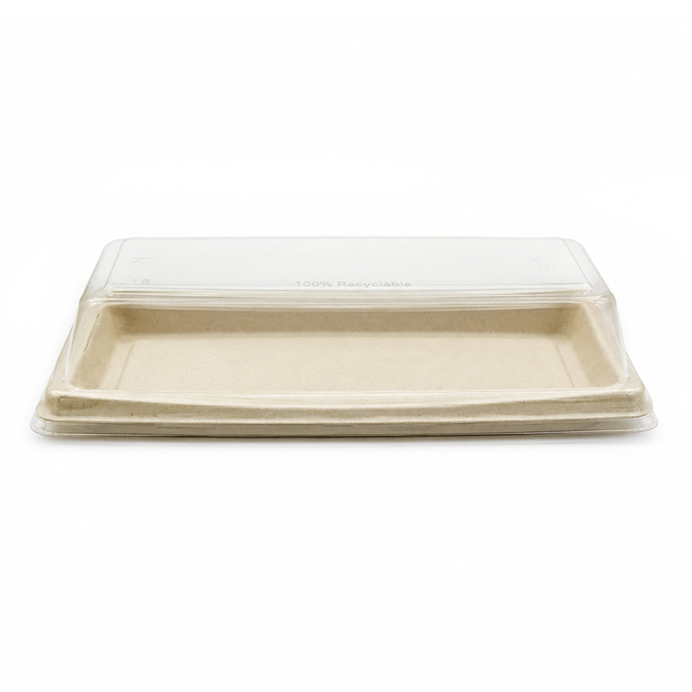 A square, biodegradable compostable tray made of natural fiber, featuring a clear, transparent plastic lid that is slightly domed.