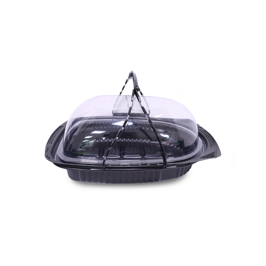 Black plastic food container with clear lid on a white background