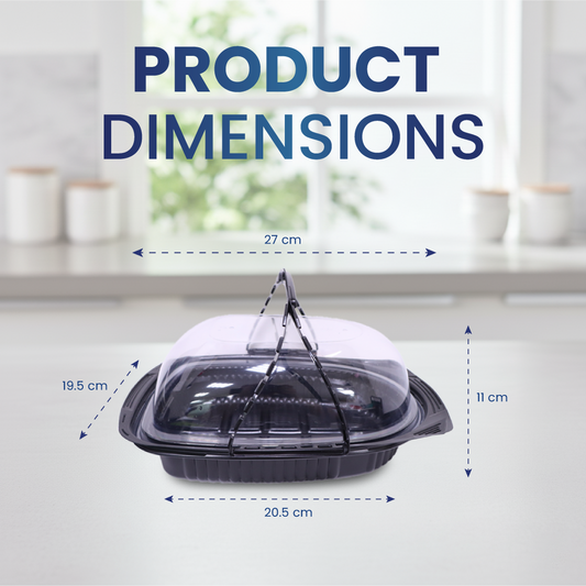 Product dimensions displayed on a kitchen background with a clear container.