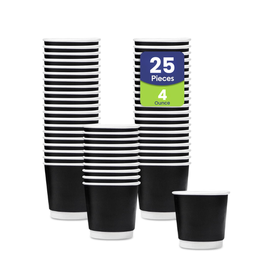 Black and white striped paper cups with a package label indicating 25 pieces of 4-ounce cups on a white background.