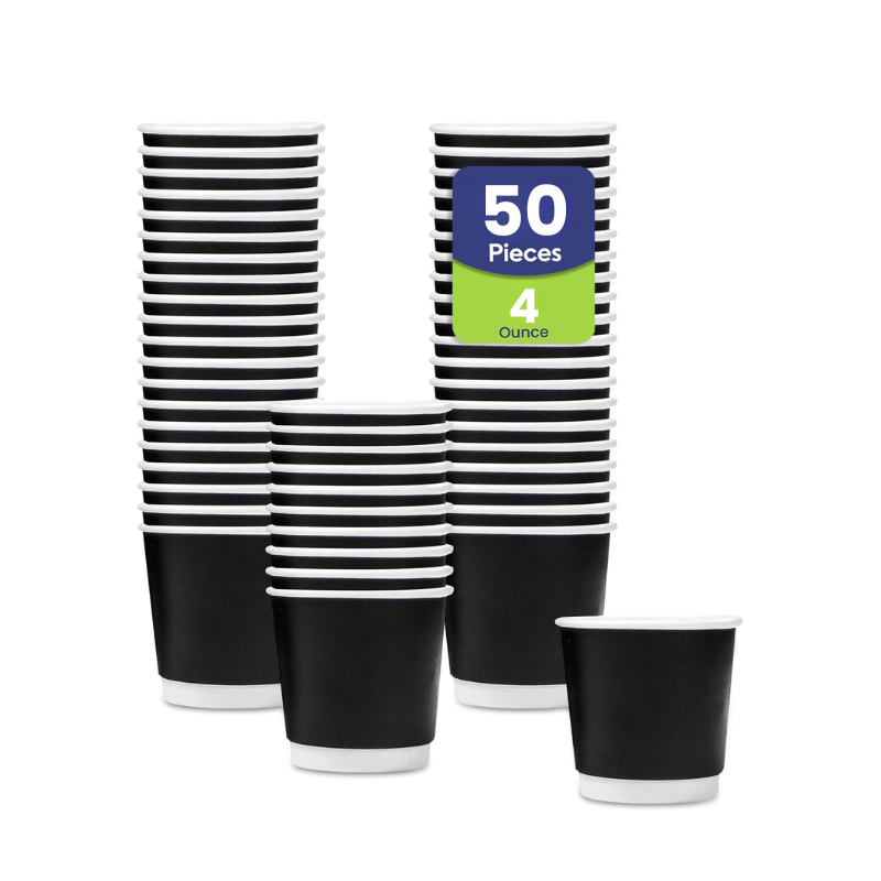 Black and white striped paper cups with a package label indicating 50 pieces of 4-ounce cups on a white background.
