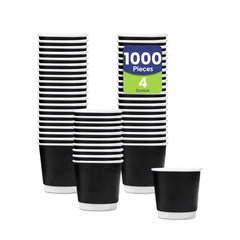 Black and white striped paper cups with a package labeled '1000 Pieces 4 Ounce' on a white background.