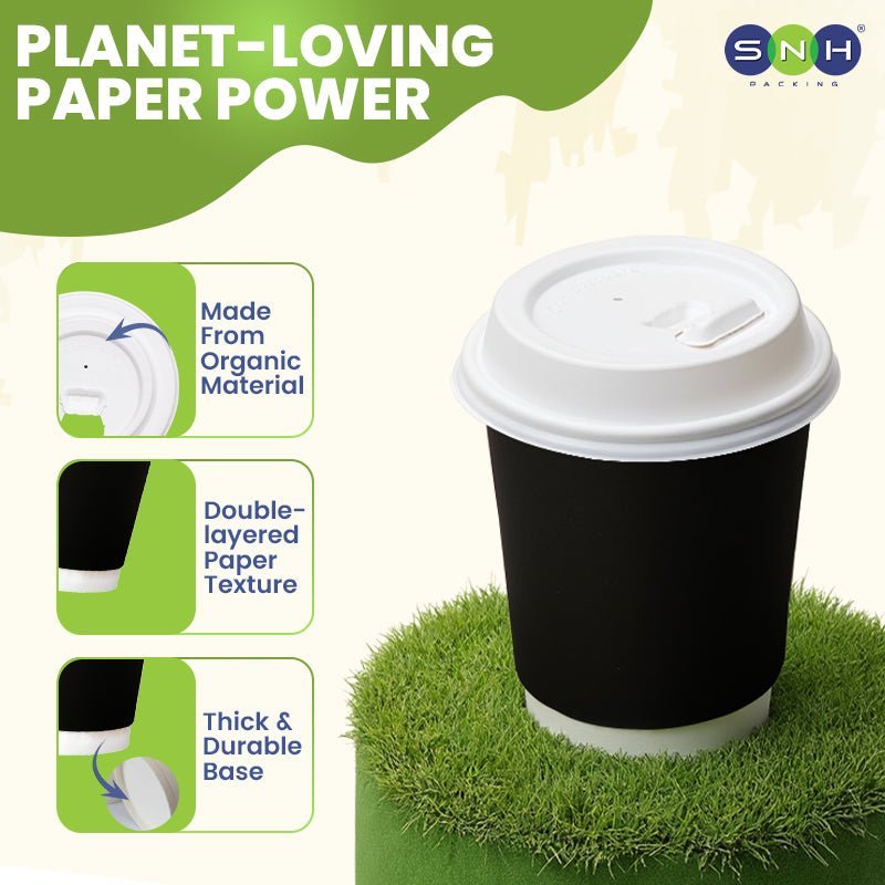 Black Double Wall Paper Cups with Bagasse Lids 8oz 12oz - SNH Packing