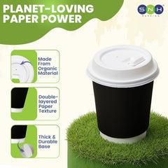 Black Double Wall Paper Cups with Bagasse Lids 8oz 12oz - SNH Packing