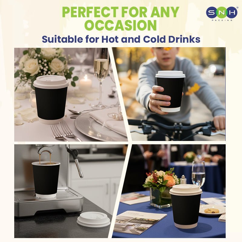 Black Double Wall Paper Cups with Bagasse Lids 8oz 12oz - SNH Packing
