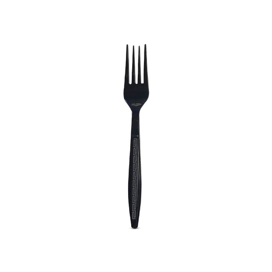 Black plastic fork on a white background
