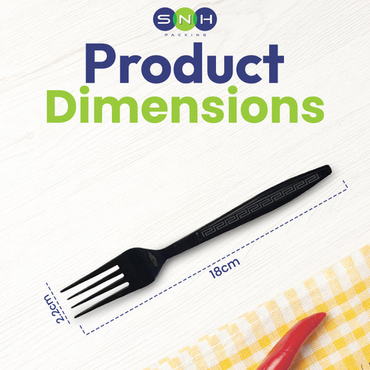 Black plastic fork with measurements on a white background, featuring the SNH logo.
