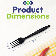 Black plastic fork with measurements on a white background, featuring the SNH logo.