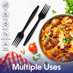 Black plastic forks next to a pan of food with ingredients on a white background, featuring icons for different uses.