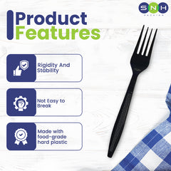 Black plastic fork with product features listed on a white background