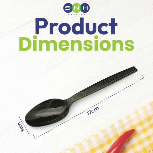 Black spoon with measurement details on a white background, featuring the brand 'SNH'.