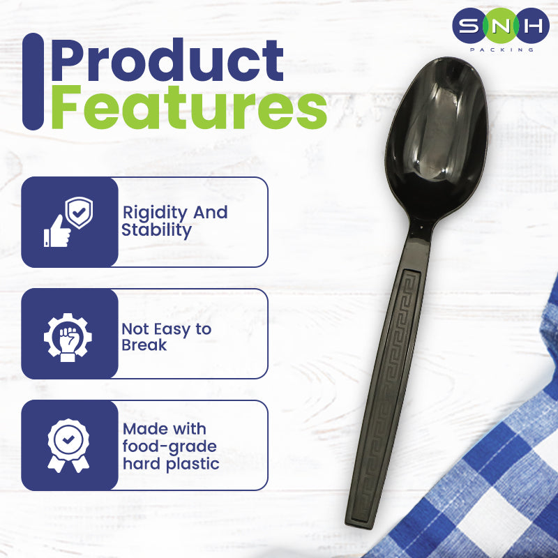 Black spoon with SNH Packing logo and product features on a white background