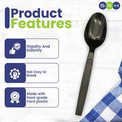 Black spoon with SNH Packing logo and product features on a white background