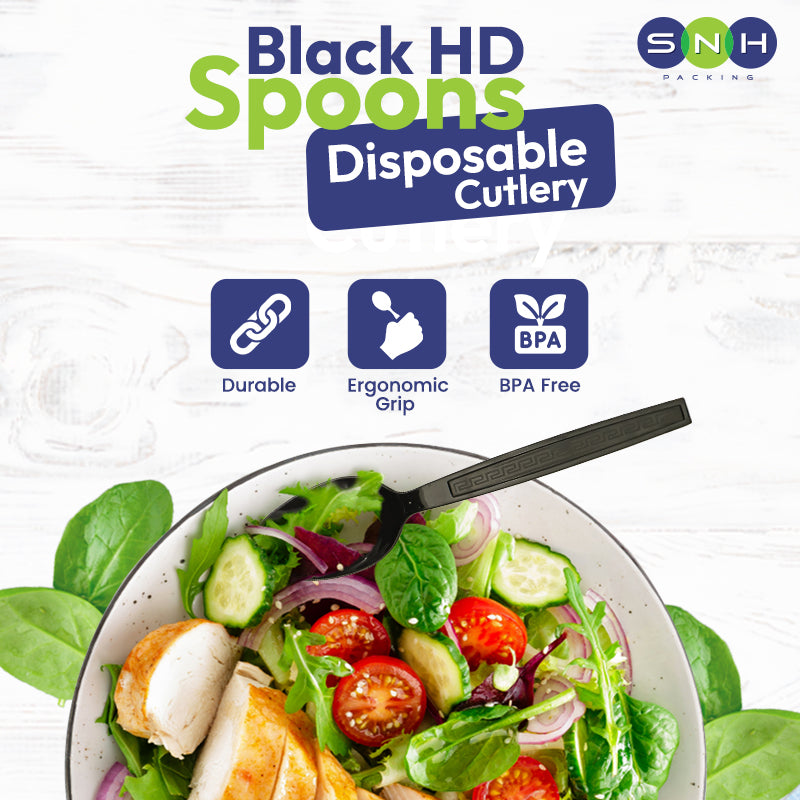 Disposable cutlery with a salad on a white background, featuring Black HD Spoons branding.