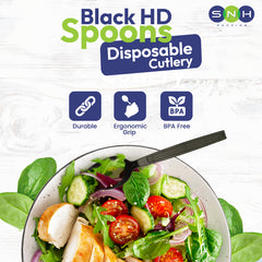 Disposable cutlery with a salad on a white background, featuring Black HD Spoons branding.