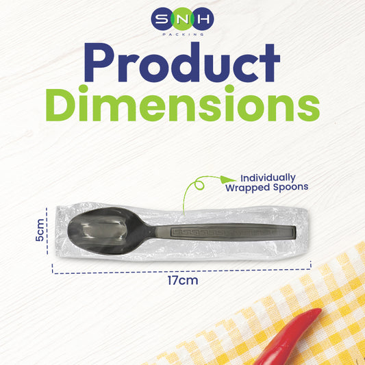 Product dimensions of individually wrapped spoons with SNH branding on a white background.