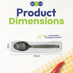 Product dimensions of individually wrapped spoons with SNH branding on a white background.