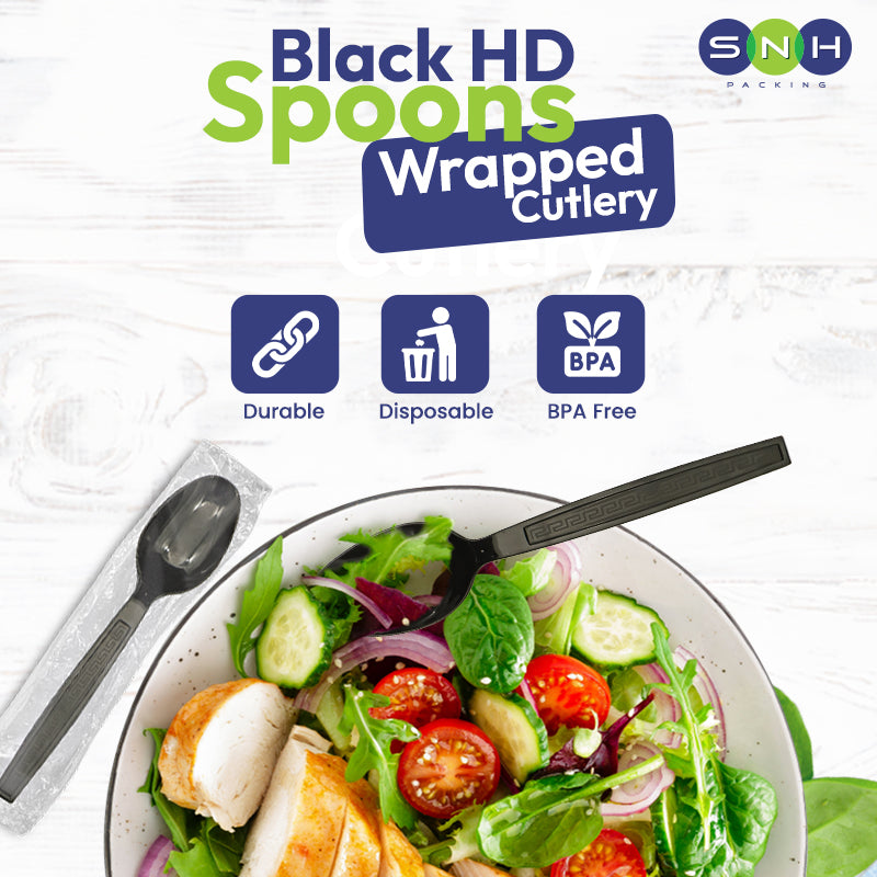 Black HD Spoons wrapped cutlery with a salad on a white background, featuring SNH Packaging logo.