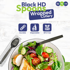 Black HD Spoons wrapped cutlery with a salad on a white background, featuring SNH Packaging logo.