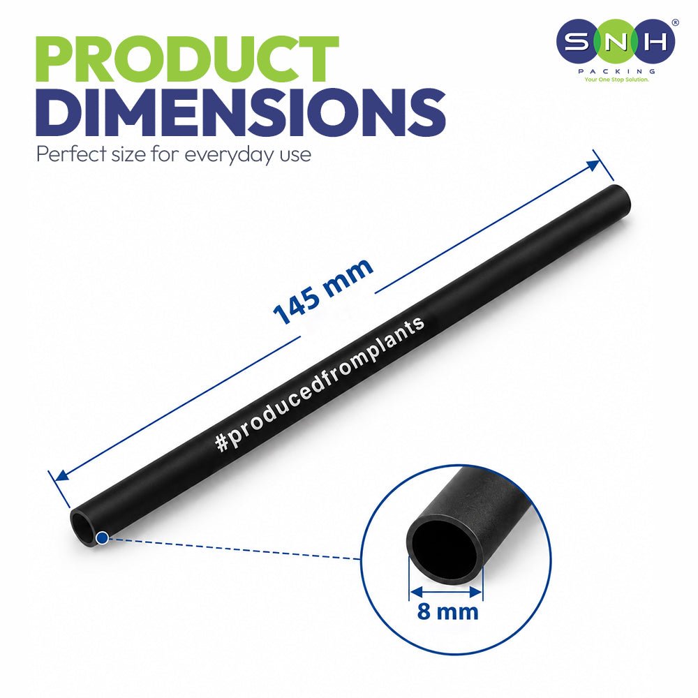 A black plastic plant support stake with dimensions labeled as 145 mm in length and 8 mm in diameter