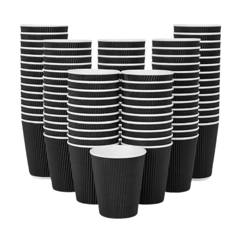 Black paper cups with white stripes arranged in rows on a white background