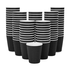 Black paper cups with white stripes arranged in rows on a white background