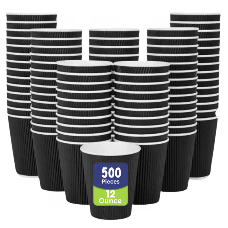 Black paper cups with a label indicating 500 pieces and a capacity of 12 ounces on a white background.