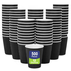 Black paper cups with a label indicating 500 pieces and a capacity of 12 ounces on a white background.