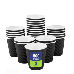 Black paper cups with a container labeled '500 Pieces 8 Ounce' on a white background