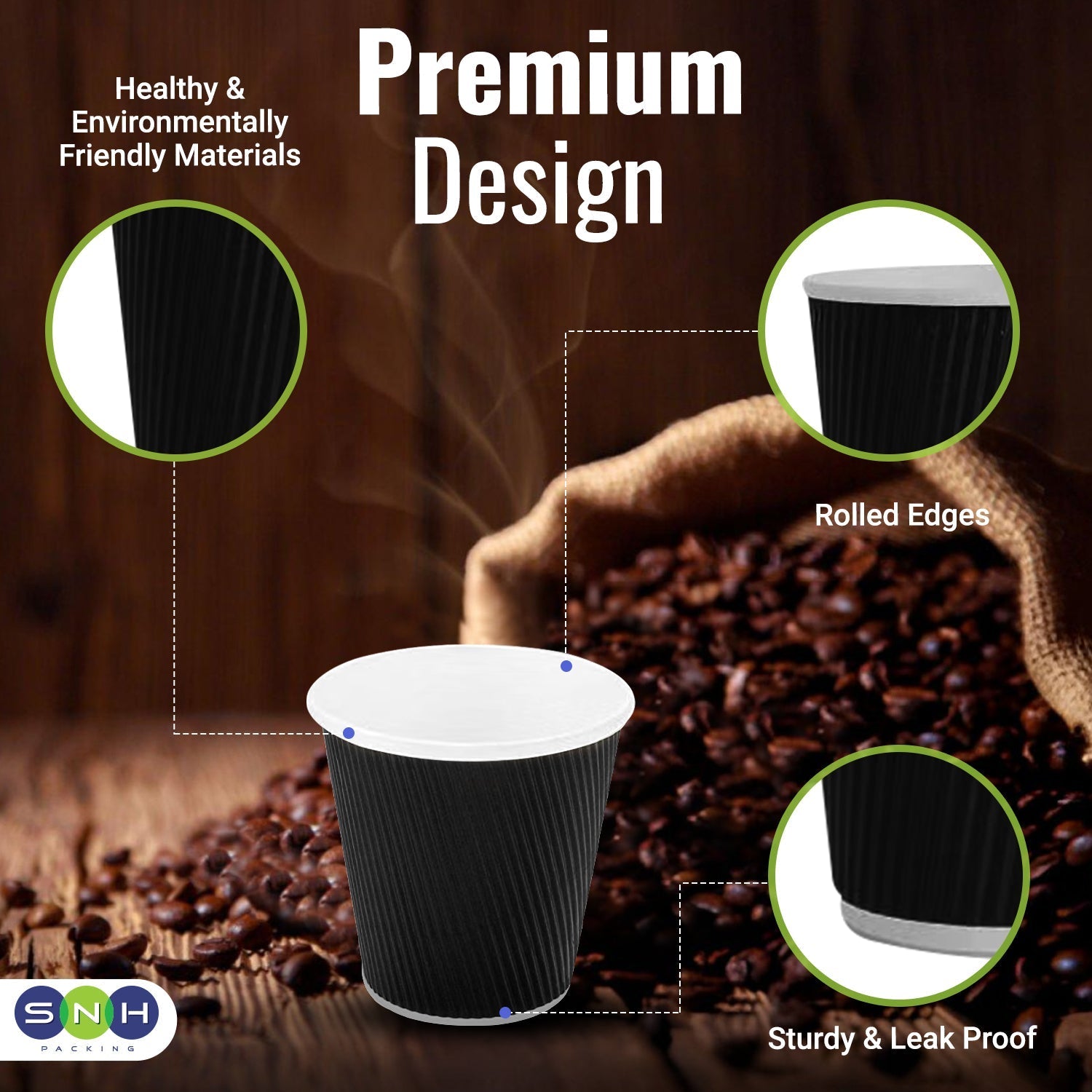 Black Ripple Coffee Cups 4oz to 12oz Insulated Hot Beverage Cups - SNH Packing