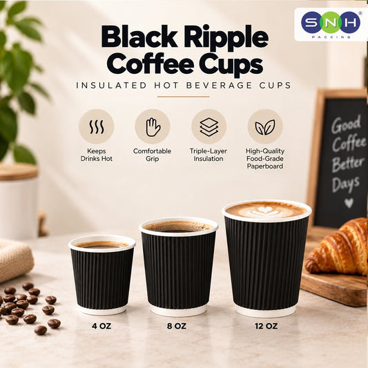 Black Ripple Coffee Cups 4oz to 12oz Insulated Hot Beverage Cups - SNH Packing