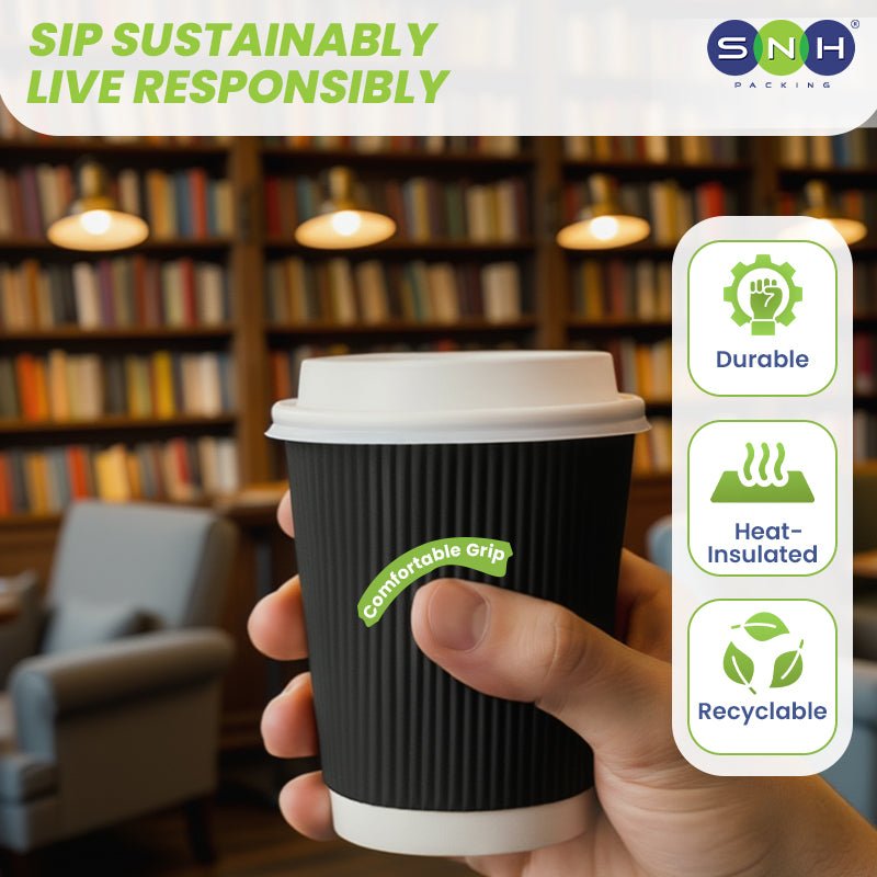 Black Ripple Wall Paper Cup with Bagasse Lid - SNH Packing