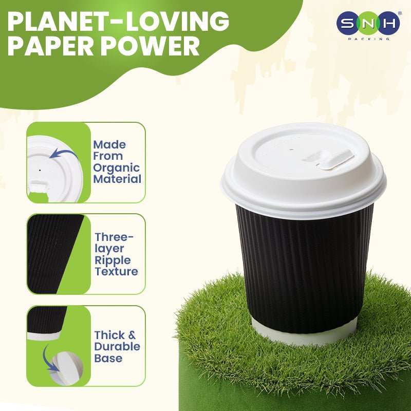 Black Ripple Wall Paper Cups with Bagasse Lids 8oz 12oz - SNH Packing