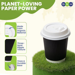 Black Ripple Wall Paper Cups with Bagasse Lids 8oz 12oz - SNH Packing